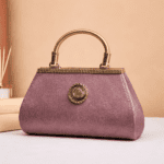 Elegant Rose Gold Shimmer Wedding Clutch – Women’s Designer Ethnic Party Handbag with Metallic Top Handle and Crystal Accents