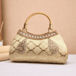 Luxury Gold Bridal Clutch Bag with Top Handle – Elegant Evening Handbag for Weddings, Parties, and Receptions – Embellished Trellis Pattern Ethnic Purse