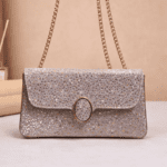 Champagne Shimmer Crystal-Embellished Evening Clutch with Gold Chain Strap