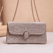 Champagne Shimmer Crystal-Embellished Evening Clutch with Gold Chain Strap