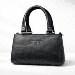 Elegant Black Textured Handbag for Women – Premium Structured Top Handle Tote with Gold Accent