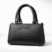Elegant Black Textured Handbag for Women – Premium Structured Top Handle Tote with Gold Accent